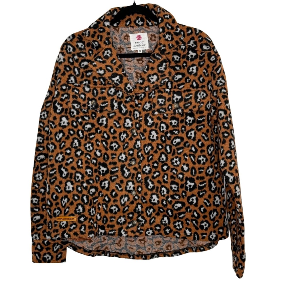 Simply Southern Women's S Brown Black Leopard Print Shacket Polyester Animal‎
